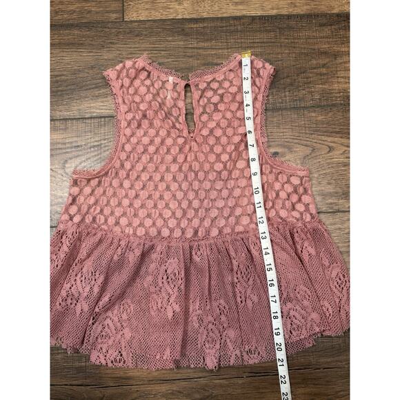 Free People Rustic Pink Lace Ruffle Sleeveless Crop Tank Top Sz S Sheer - Picture 8 of 8